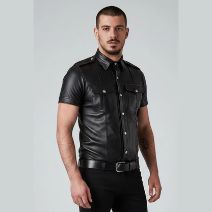 Men’s Lambskin Leather Police Shirt – Short Sleeve Clubwear