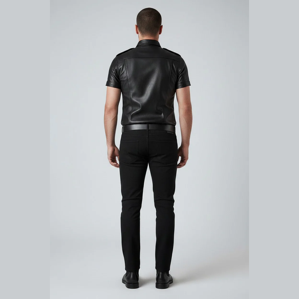 Men’s Lambskin Leather Police Shirt – Short Sleeve Clubwear