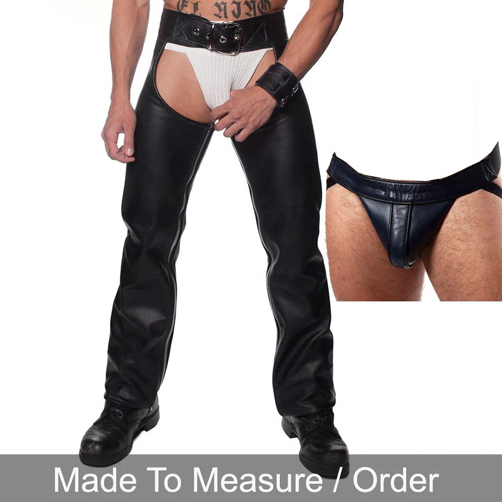 Men’s Leather Biker Chaps with Detachable Jockstrap & Belt Closure