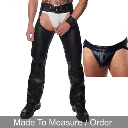 Men’s Leather Biker Chaps with Detachable Jockstrap & Belt Closure