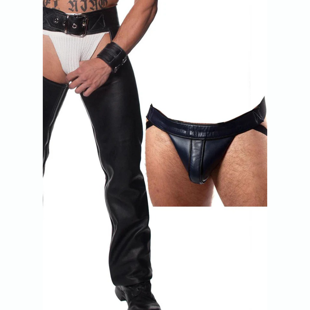 Men’s Leather Biker Chaps with Detachable Jockstrap & Belt Closure