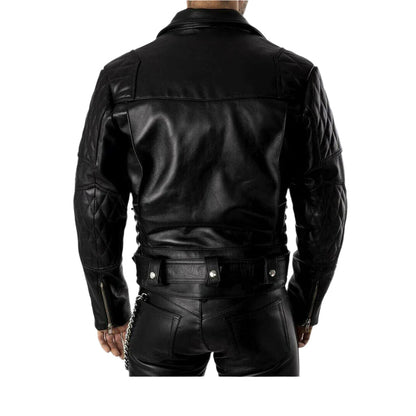 Men’s Cowhide Leather Biker Jacket with Quilted Panels and Side Laces