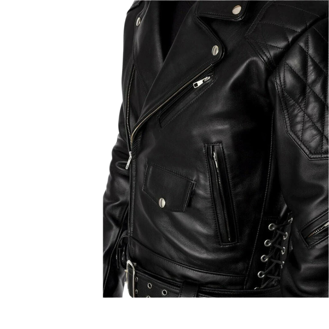 Men’s Cowhide Leather Biker Jacket with Quilted Panels and Side Laces