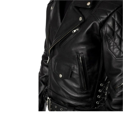 Men’s Cowhide Leather Biker Jacket with Quilted Panels and Side Laces