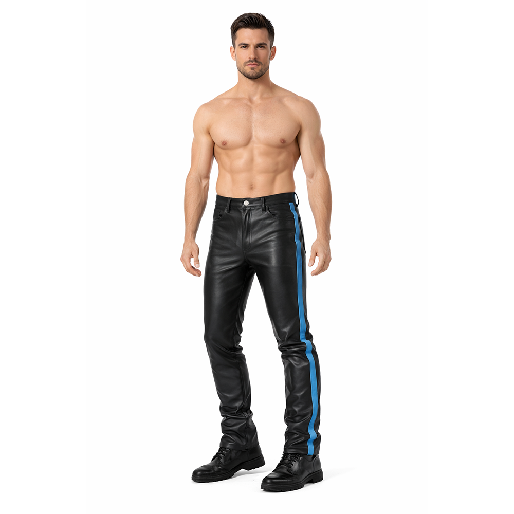 Men’s Leather Biker Pants – 5 Pocket Cowhide Trousers with Stripes