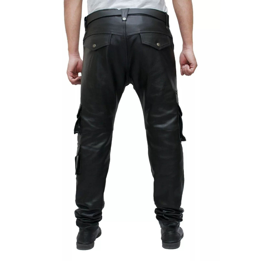 Men’s Cowhide Leather Cargo Pants – 8-Pocket Biker Trousers
