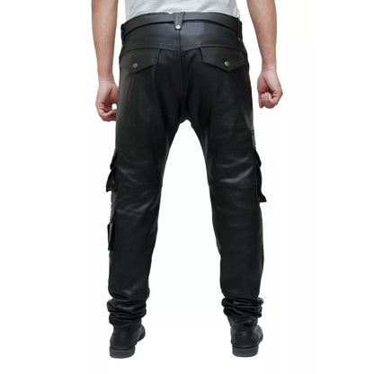 Men’s Cowhide Leather Cargo Pants – 8-Pocket Biker Trousers