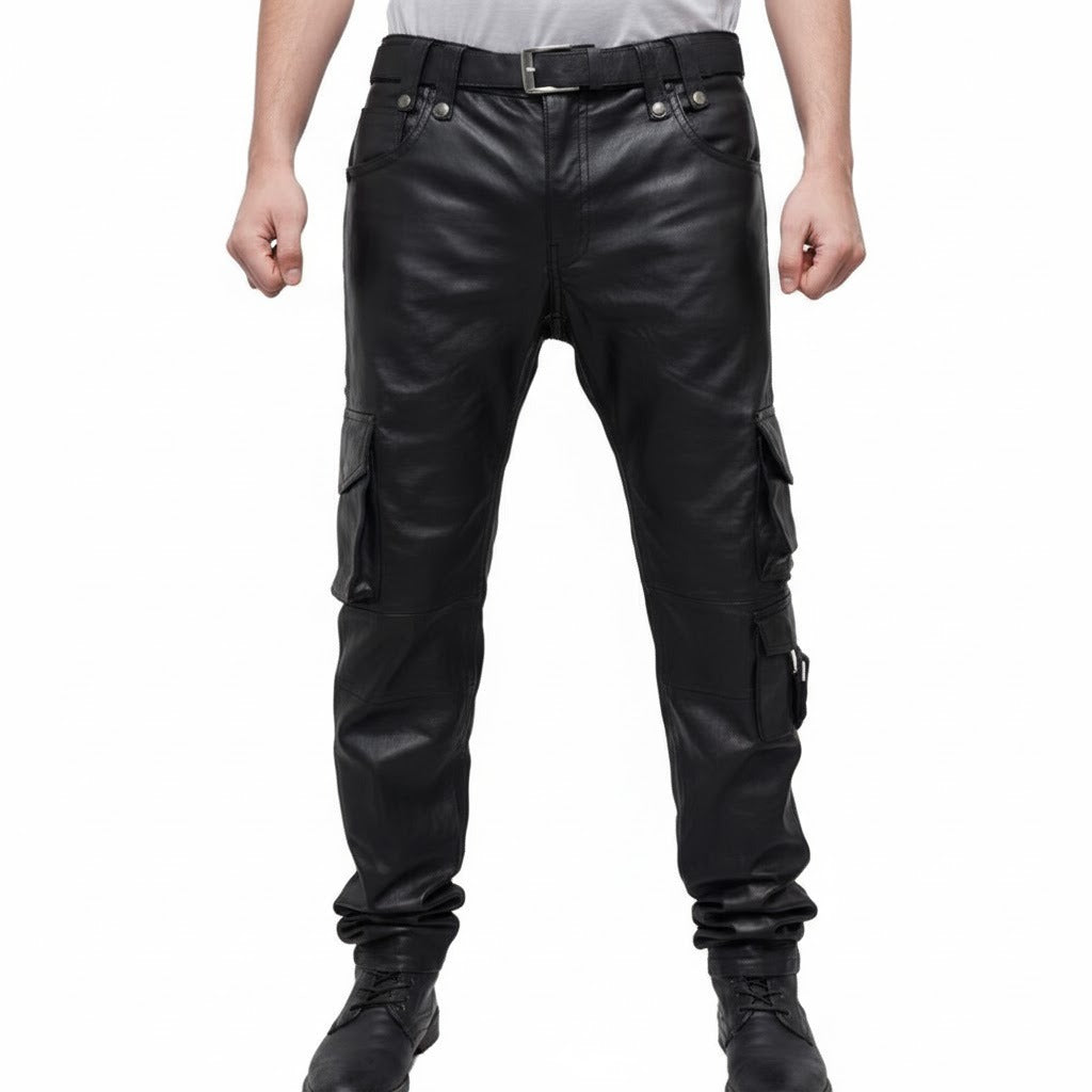 Men’s Cowhide Leather Cargo Pants – 8-Pocket Biker Trousers