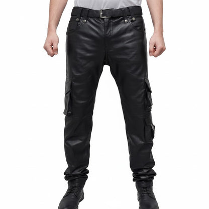 Men’s Cowhide Leather Cargo Pants – 8-Pocket Biker Trousers