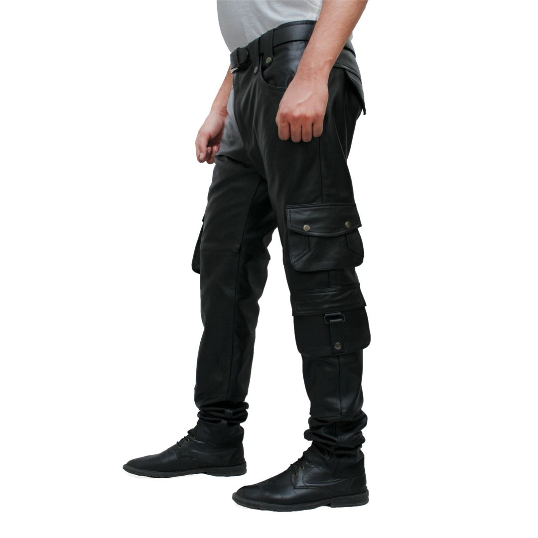 Men’s Cowhide Leather Cargo Pants – 8-Pocket Biker Trousers