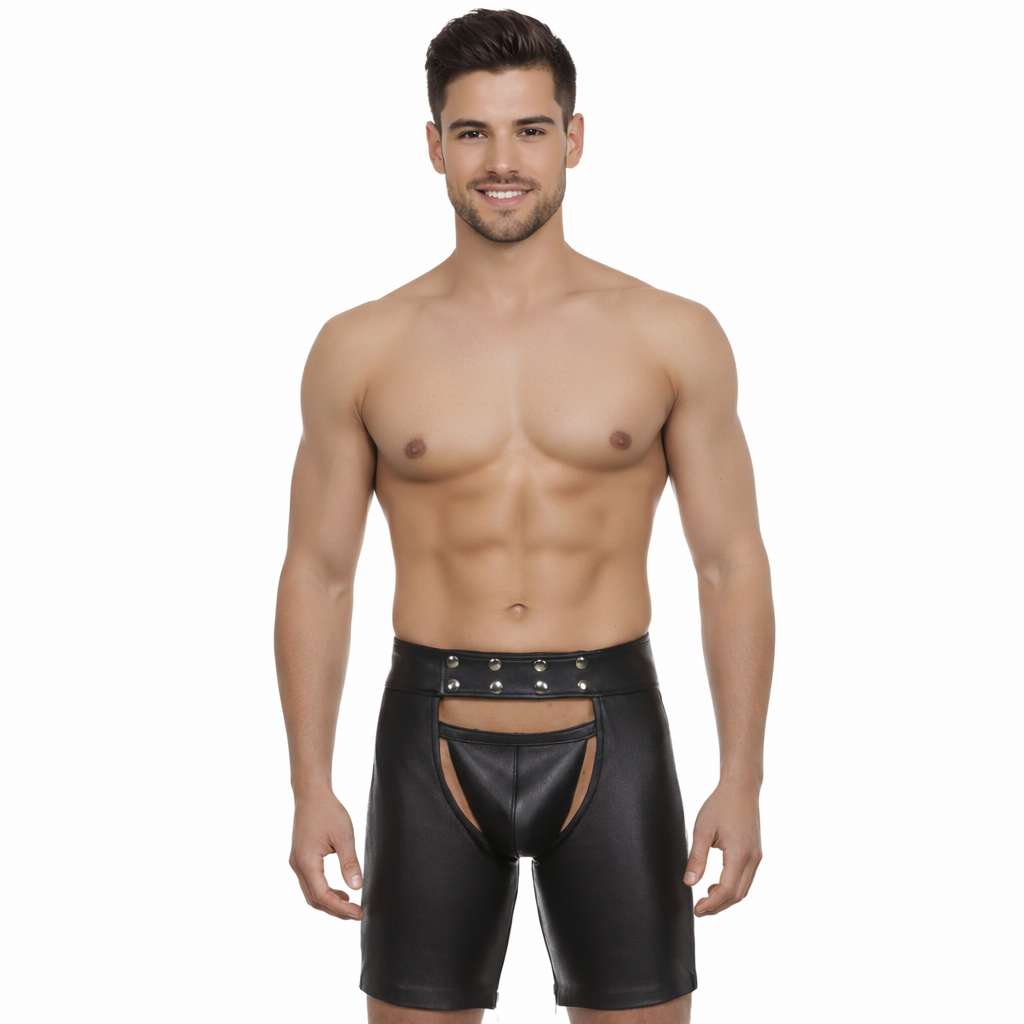 Men’s Leather Chaps with Detachable Jockstrap – Real Cowhide Fetish Shorts