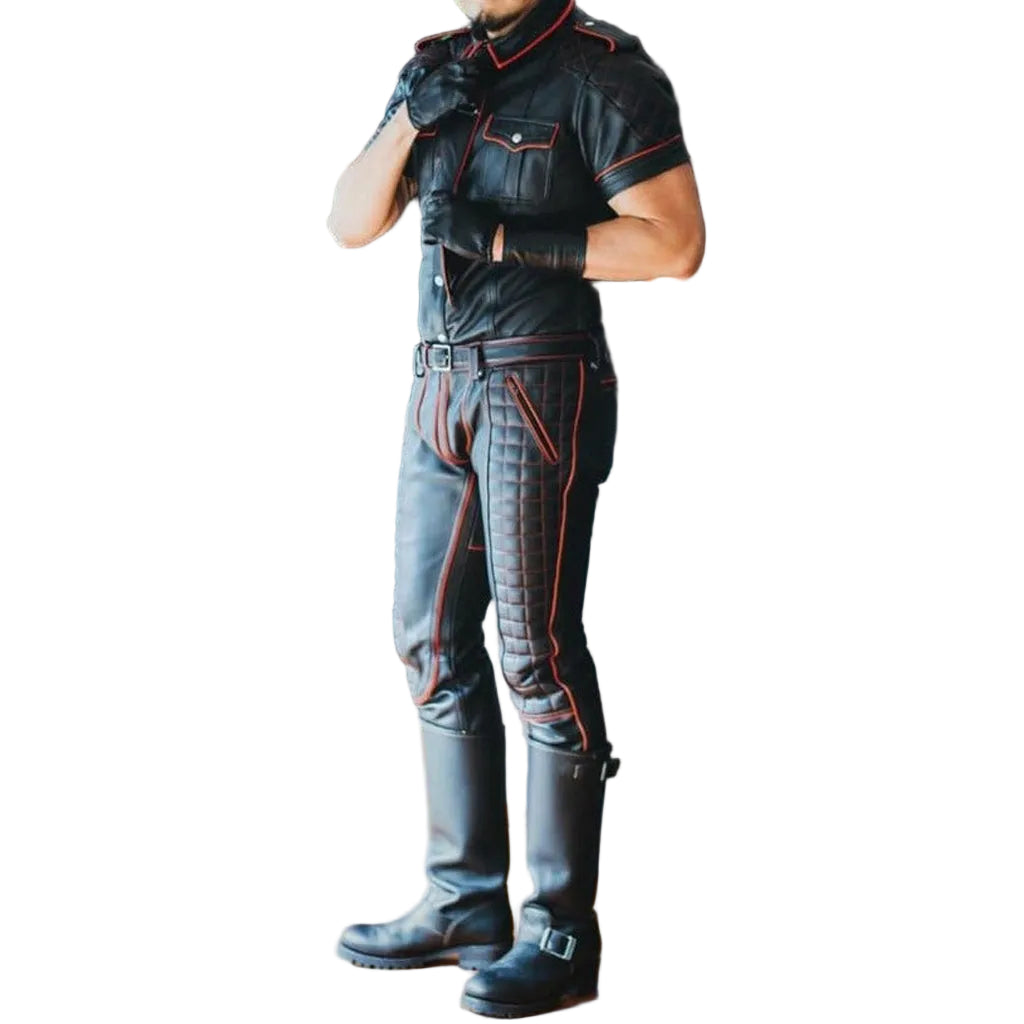 Men’s Leather Quilted Pants with Police Shirt & Tie Set