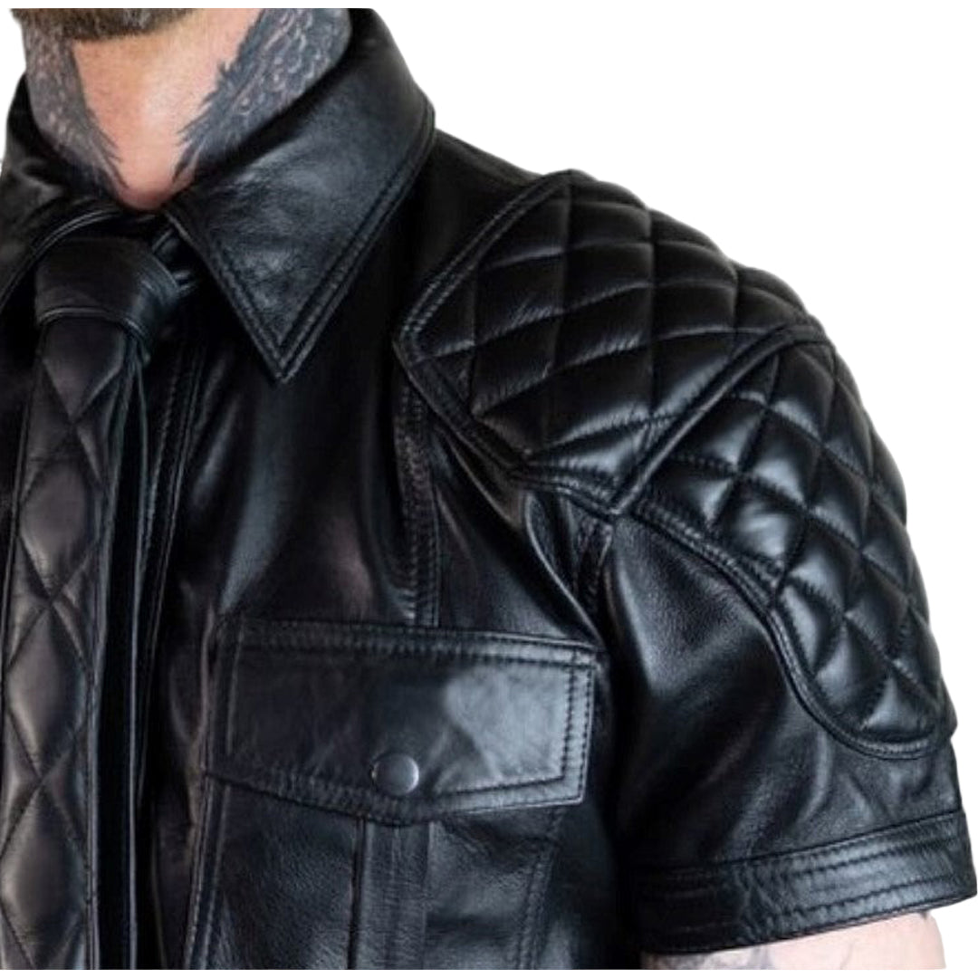Men’s Quilted Leather Police Shirt & Tie Set – Lambskin BLUF Style