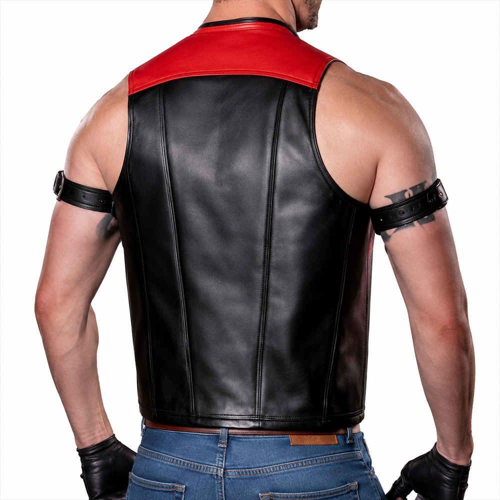 Men’s Cowhide Leather Bartender Vest with Contrast Panels