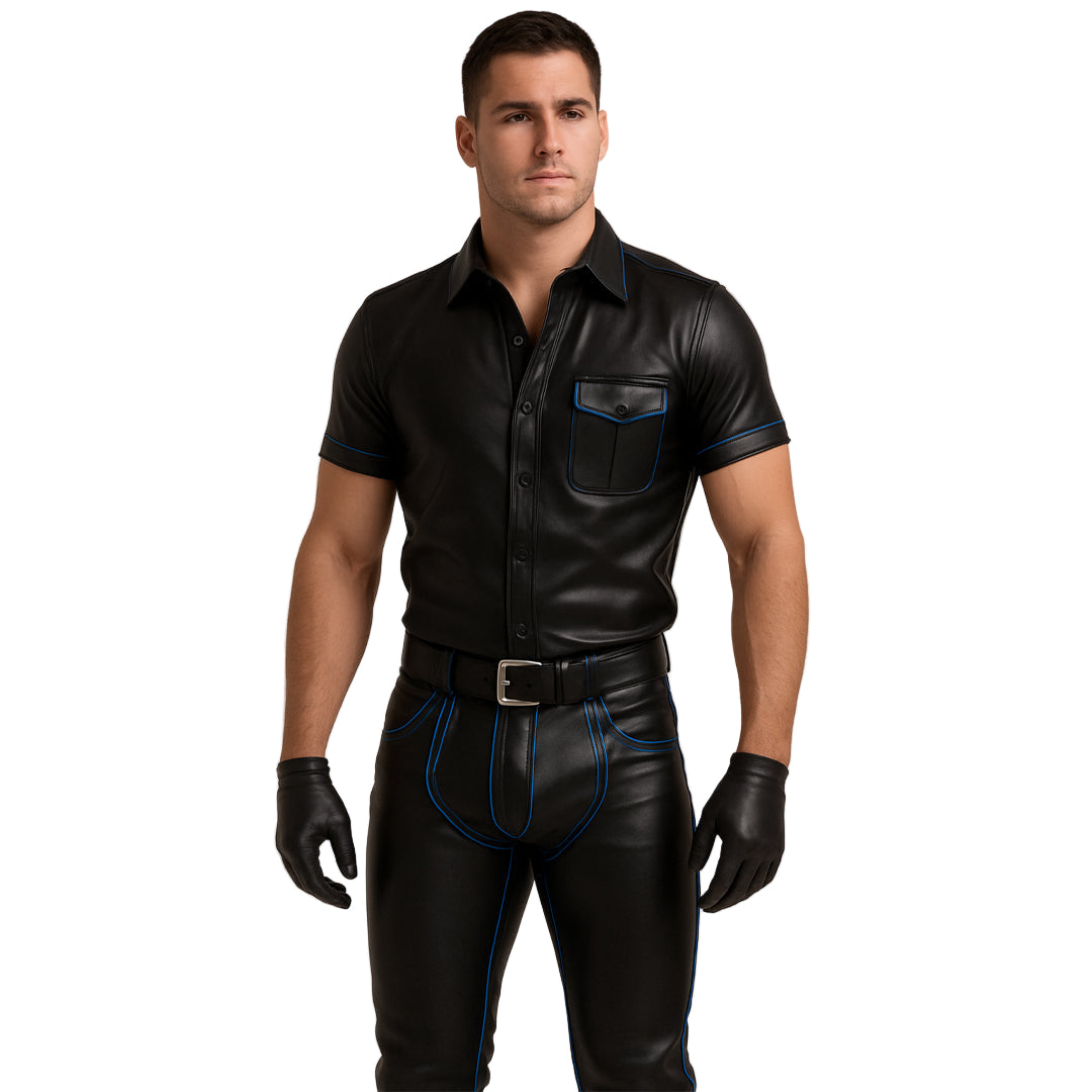 Men’s Leather Pants & Police Shirt with Blue Piping – Custom Fetish Uniform