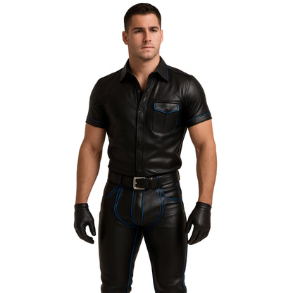 Men’s Leather Pants & Police Shirt with Blue Piping – Custom Fetish Uniform
