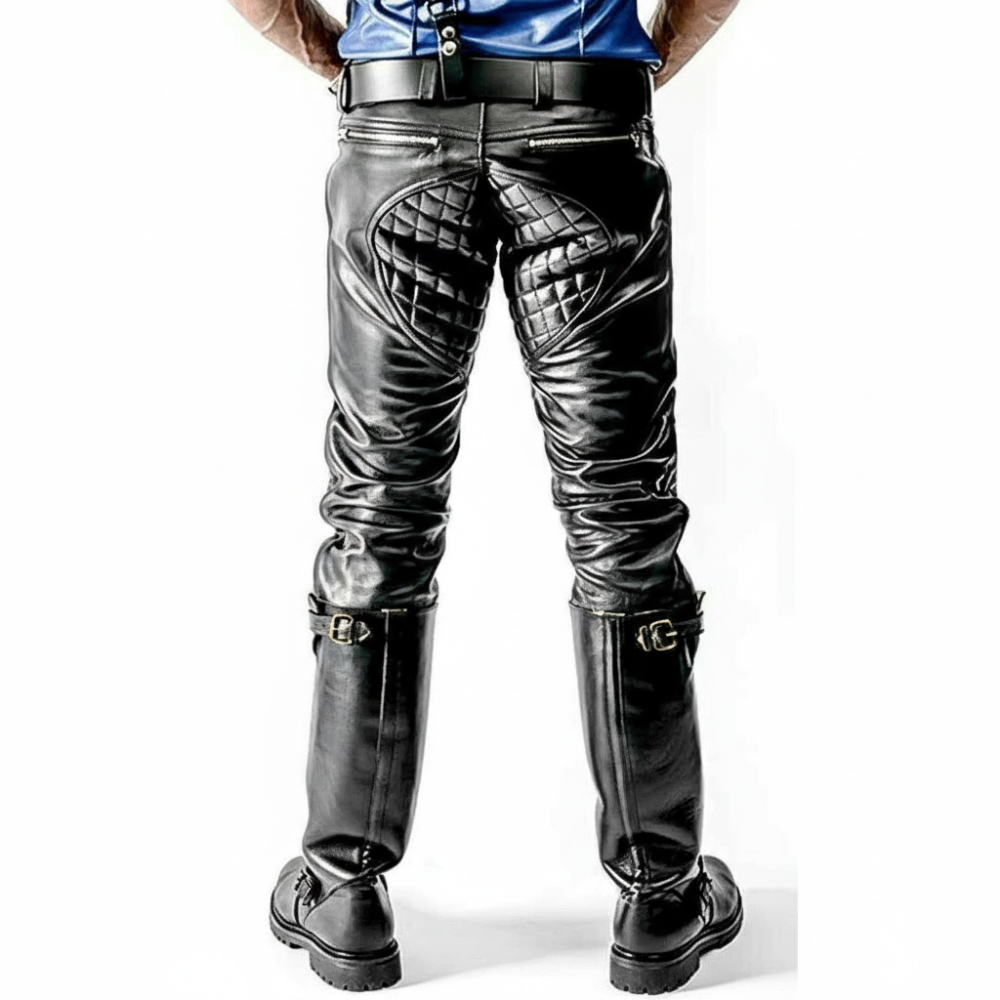 Men’s Quilted Cowhide Leather Carpenter Biker Pants