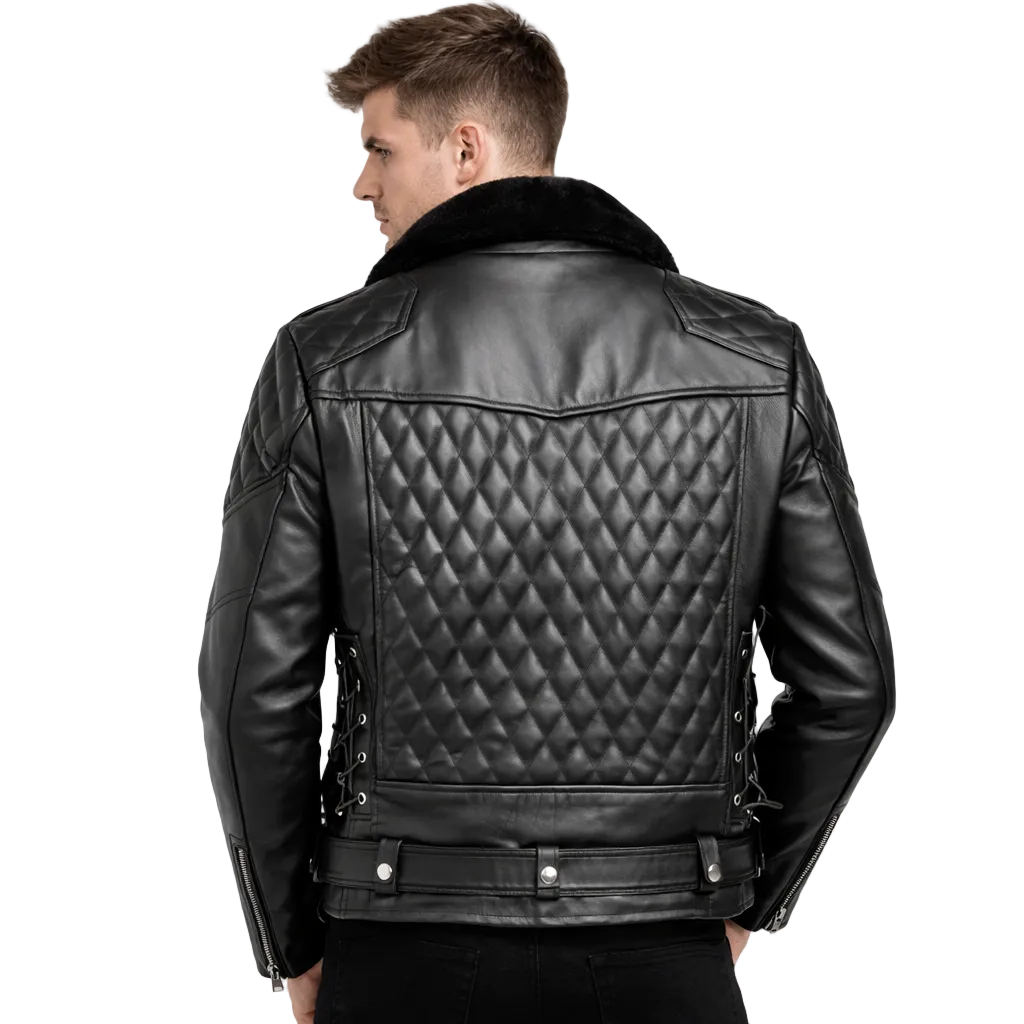 Men’s Quilted Leather Biker Jacket – Removable Fur Collar, Brando Style