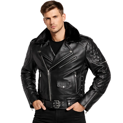 Men’s Quilted Leather Biker Jacket – Removable Fur Collar, Brando Style