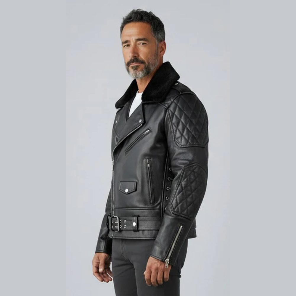 Men’s Quilted Leather Biker Jacket – Removable Fur Collar, Brando Style