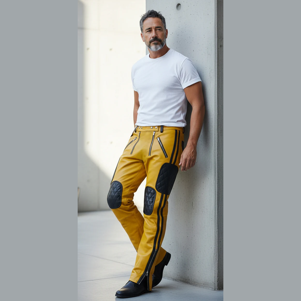Men’s Quilted Yellow & Black Leather Carpenter Pants – Real Cowhide