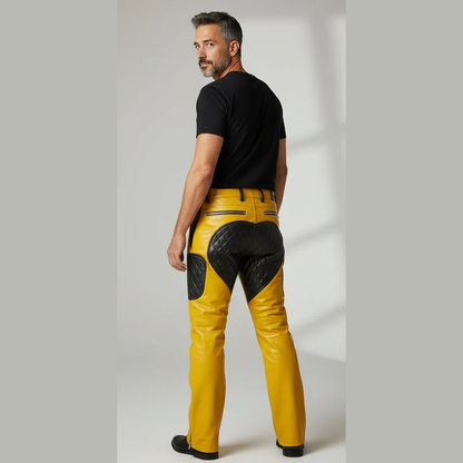 Men’s Quilted Yellow & Black Leather Carpenter Pants – Real Cowhide