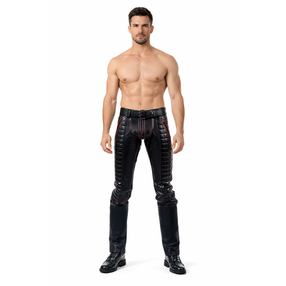 Men’s Real Cowhide Leather Biker Pants with Quilted Panels & Color Piping