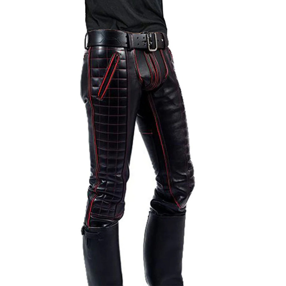 Men’s Real Cowhide Leather Biker Pants with Quilted Panels & Color Piping