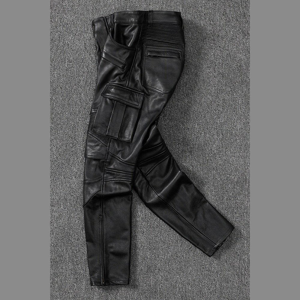 Men's Real Cowhide Leather Cargo Biker Pants with Zipper Pockets