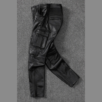 Men's Real Cowhide Leather Cargo Biker Pants with Zipper Pockets