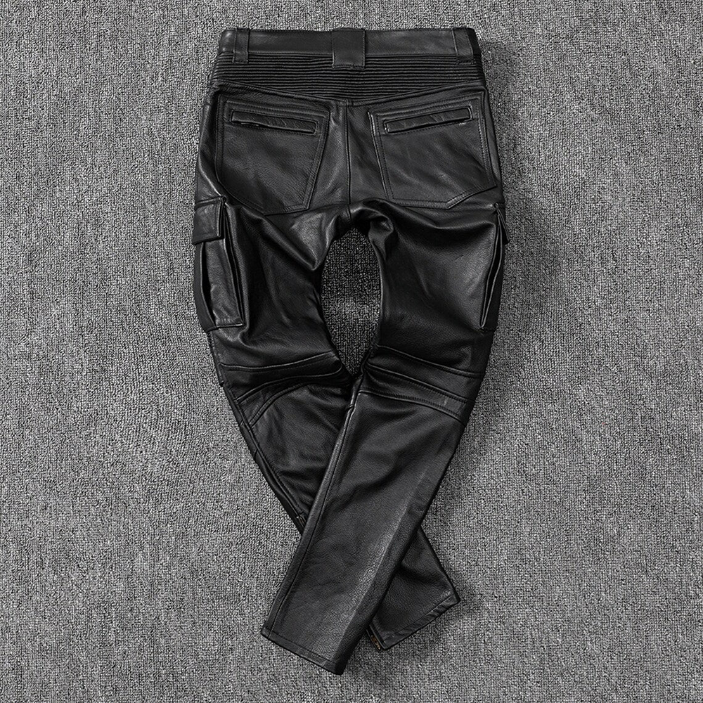 Men's Real Cowhide Leather Cargo Biker Pants with Zipper Pockets