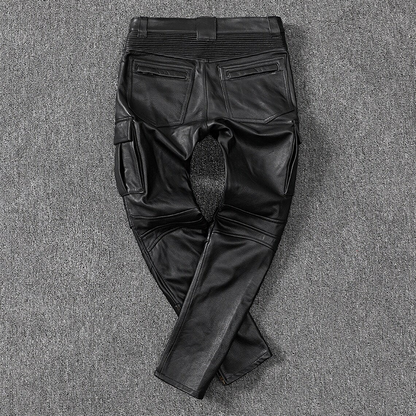 Men's Real Cowhide Leather Cargo Biker Pants with Zipper Pockets