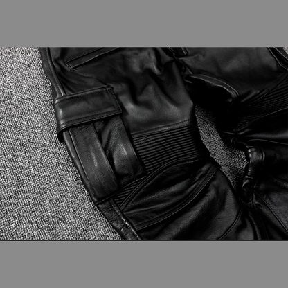 Men's Real Cowhide Leather Cargo Biker Pants with Zipper Pockets