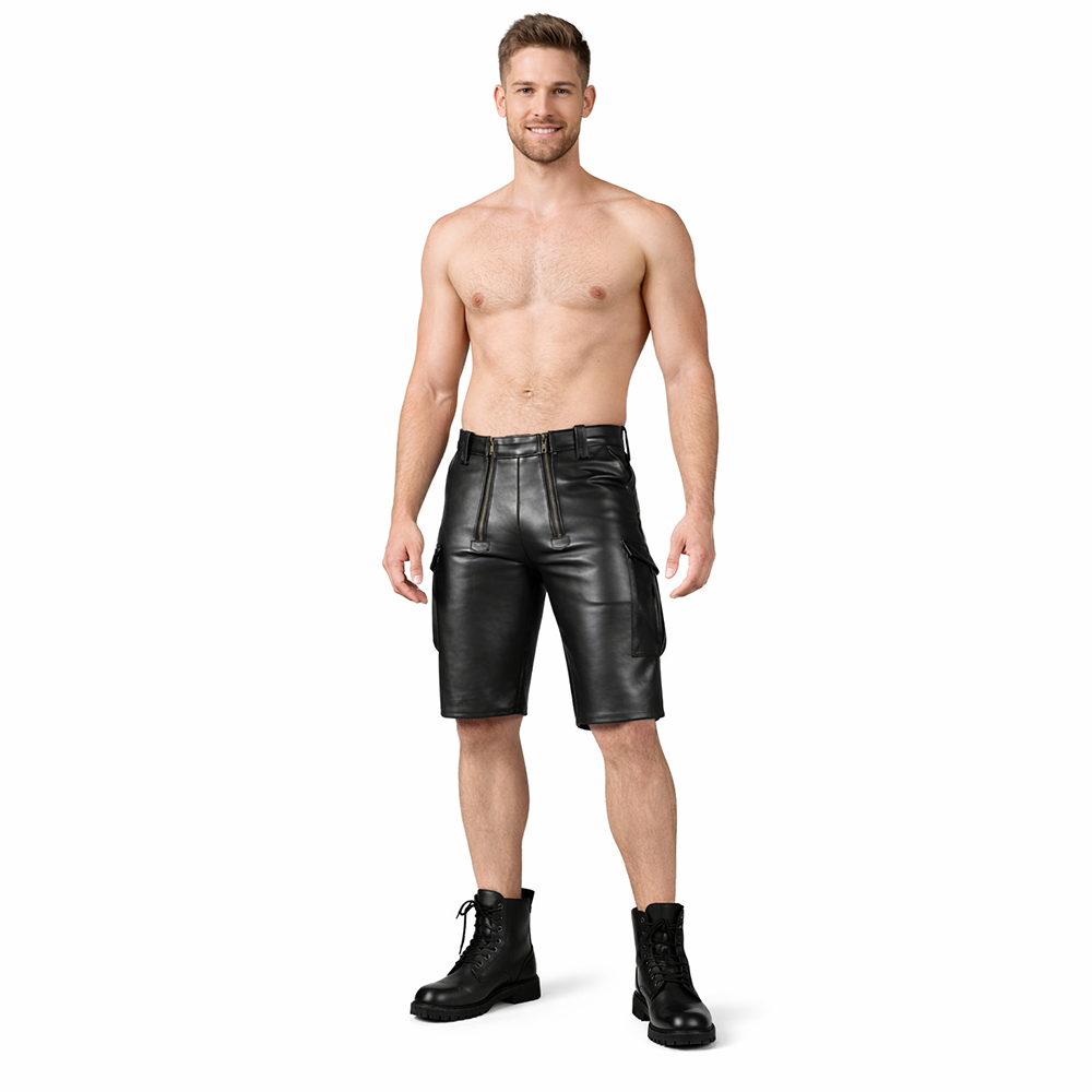 Men’s Real Cowhide Leather Carpenter Shorts with Cargo Pockets