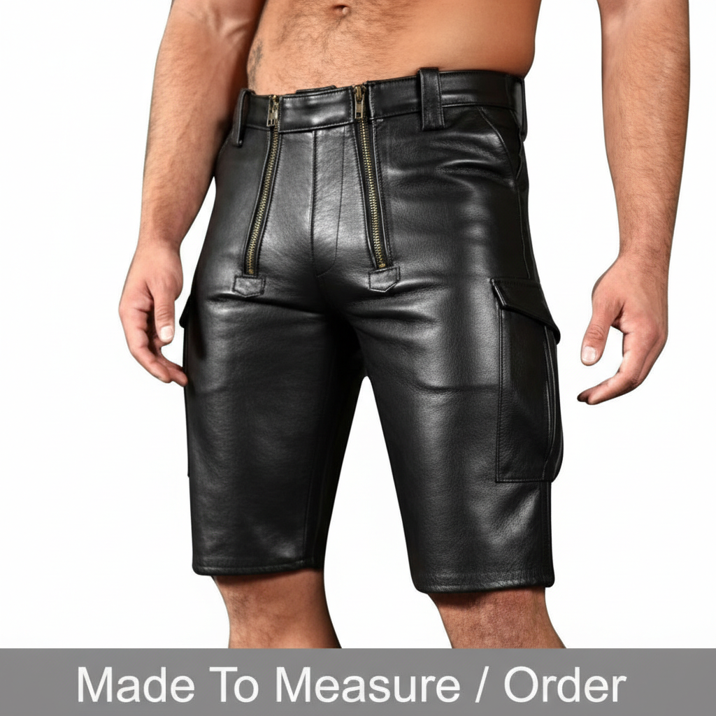 Men’s Real Cowhide Leather Carpenter Shorts with Cargo Pockets