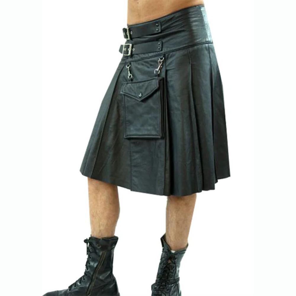 Men’s Real Cowhide Leather Kilt – Clubwear Sporran Kilt with Detachable Pocket