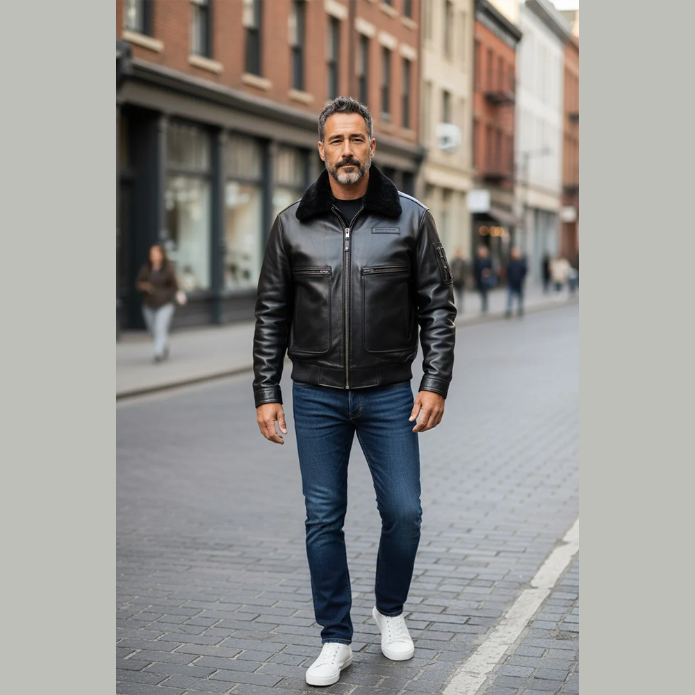 Men's Real Leather Flying Jacket Pilot / Aviator / Bomber + Detachable Fur Collar