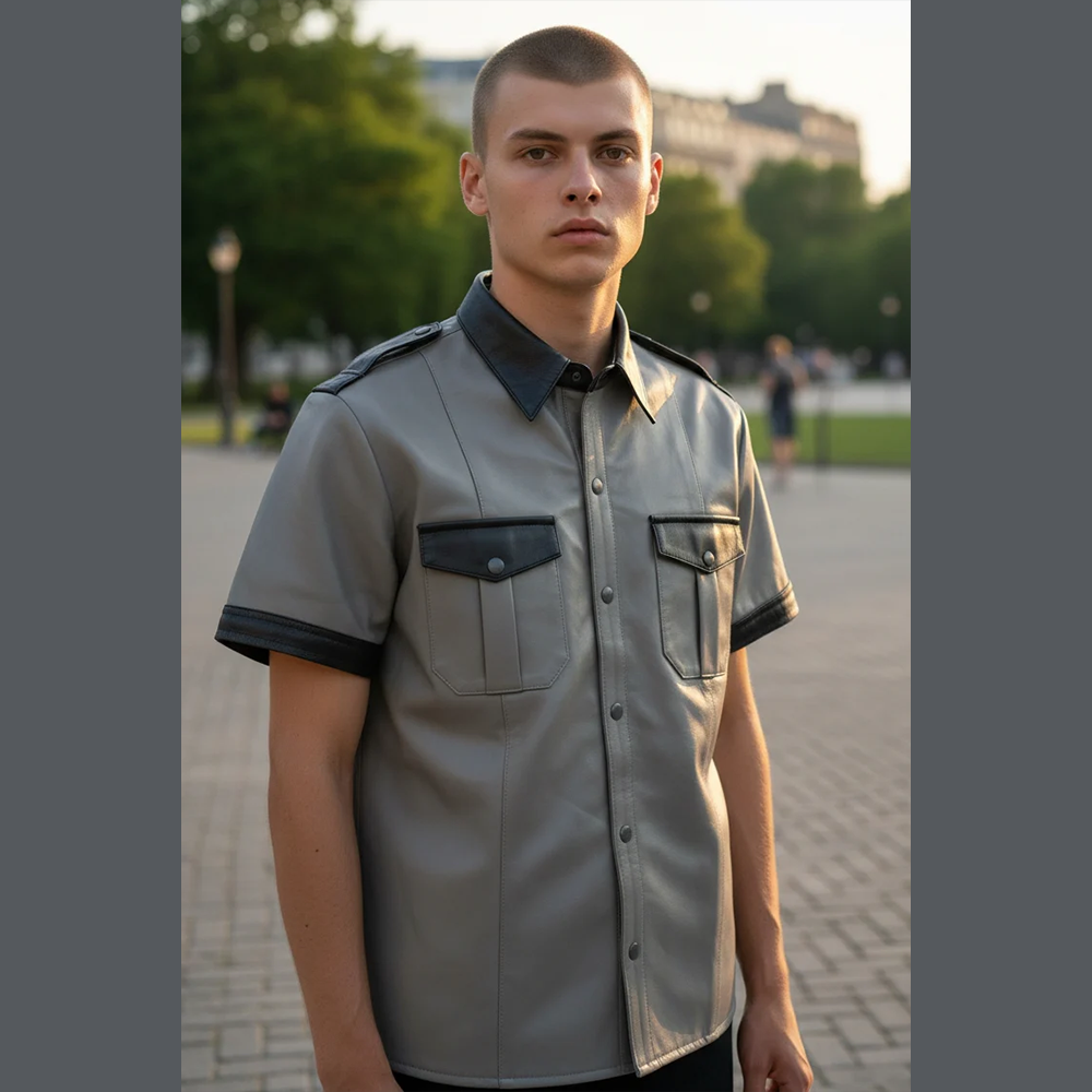 Men’s Real Leather Police Shirt – Short Sleeve BLUF Style with Contrast Trims