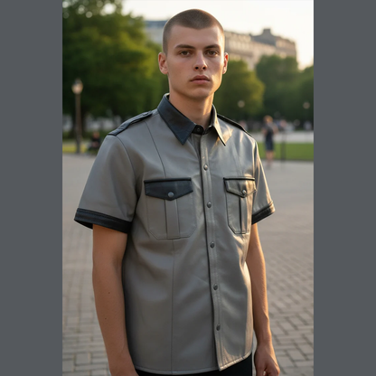 Men’s Real Leather Police Shirt – Short Sleeve BLUF Style with Contrast Trims