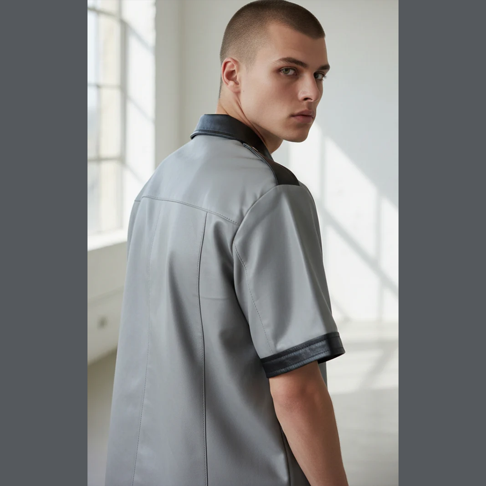 Men’s Real Leather Police Shirt – Short Sleeve BLUF Style with Contrast Trims