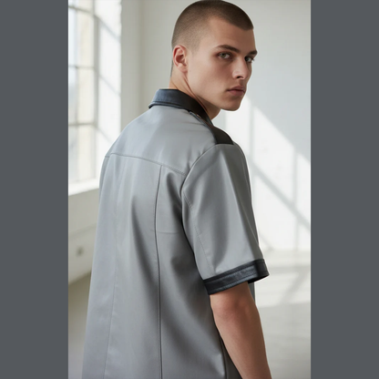 Men’s Real Leather Police Shirt – Short Sleeve BLUF Style with Contrast Trims