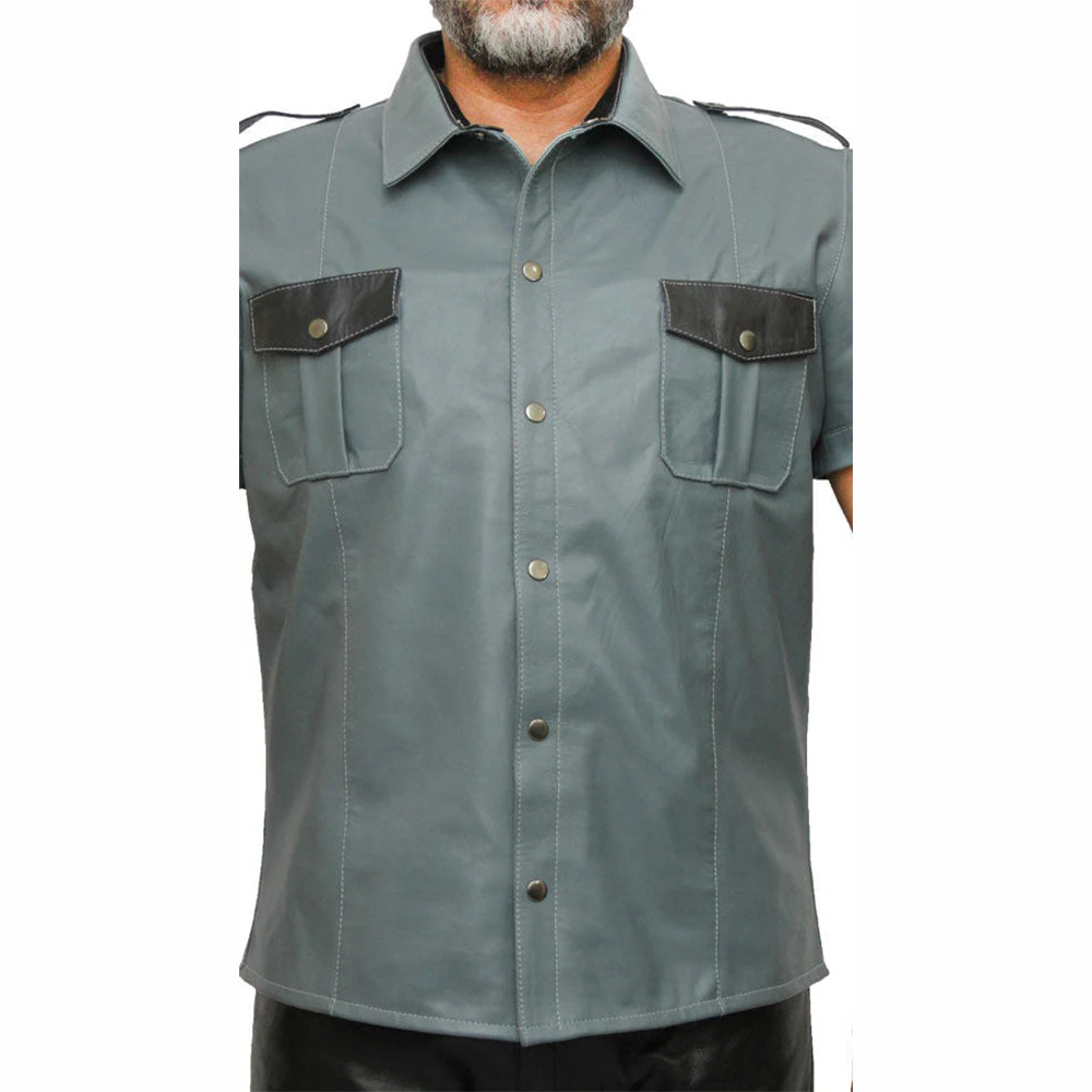 Men’s Real Leather Police Uniform Shirt Short Sleeve Gray With Black Leather Shirt