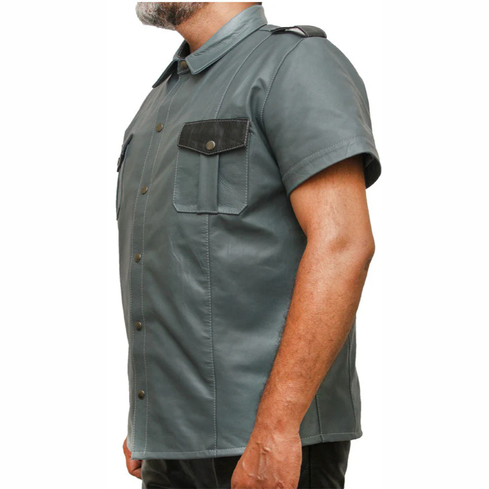 Men’s Real Leather Police Uniform Shirt Short Sleeve Gray With Black Leather Shirt