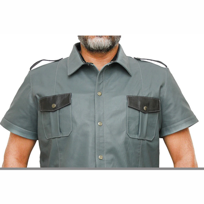 Men’s Real Leather Police Uniform Shirt Short Sleeve Gray With Black Leather Shirt
