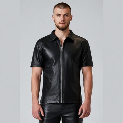 Men’s Real Leather Short Sleeve Zip-Up Shirt – Clubwear Style