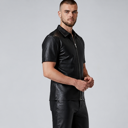 Men’s Real Leather Short Sleeve Zip-Up Shirt – Clubwear Style