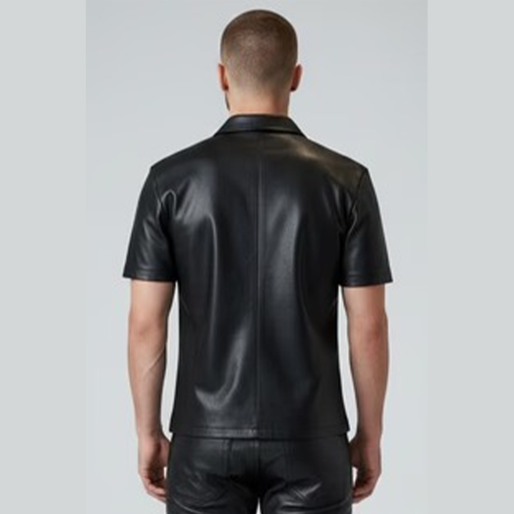 Men’s Real Leather Short Sleeve Zip-Up Shirt – Clubwear Style