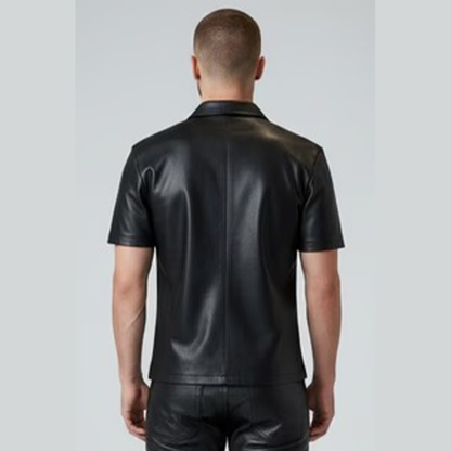 Men’s Real Leather Short Sleeve Zip-Up Shirt – Clubwear Style