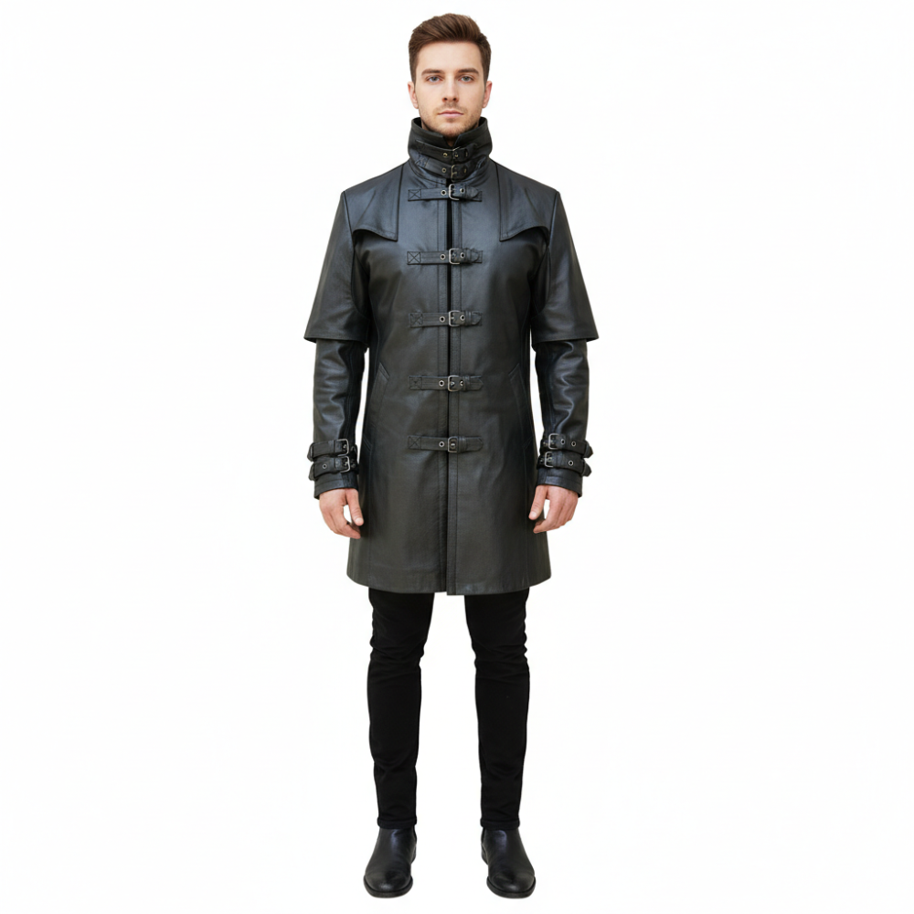 Man wearing a black leather coat on a white background