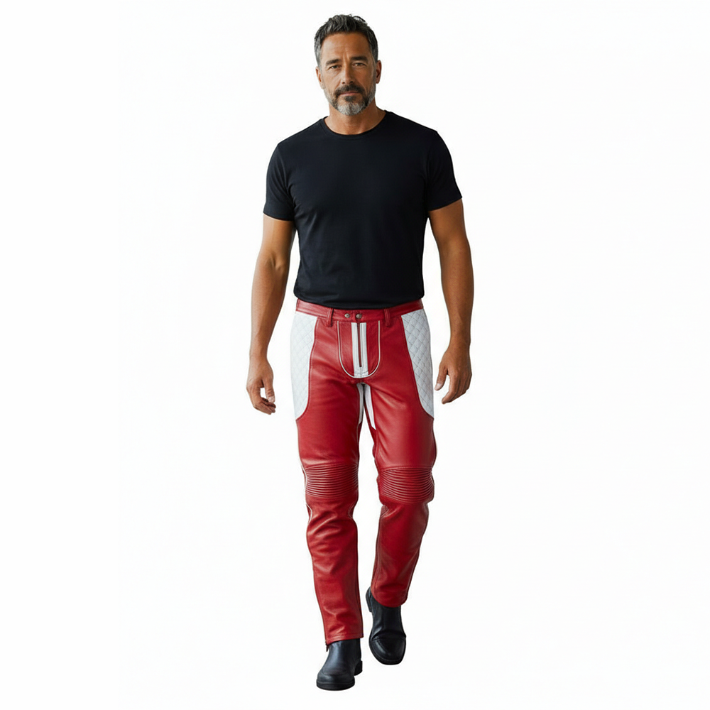 Men’s Red Slim Fit Leather Pants with Quilted Contrast BLUF Panels